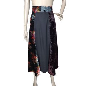 Vintage 90s Black Velvet Burgundy Floral Paneled Gypsy Bohemian Long Maxi Skirt